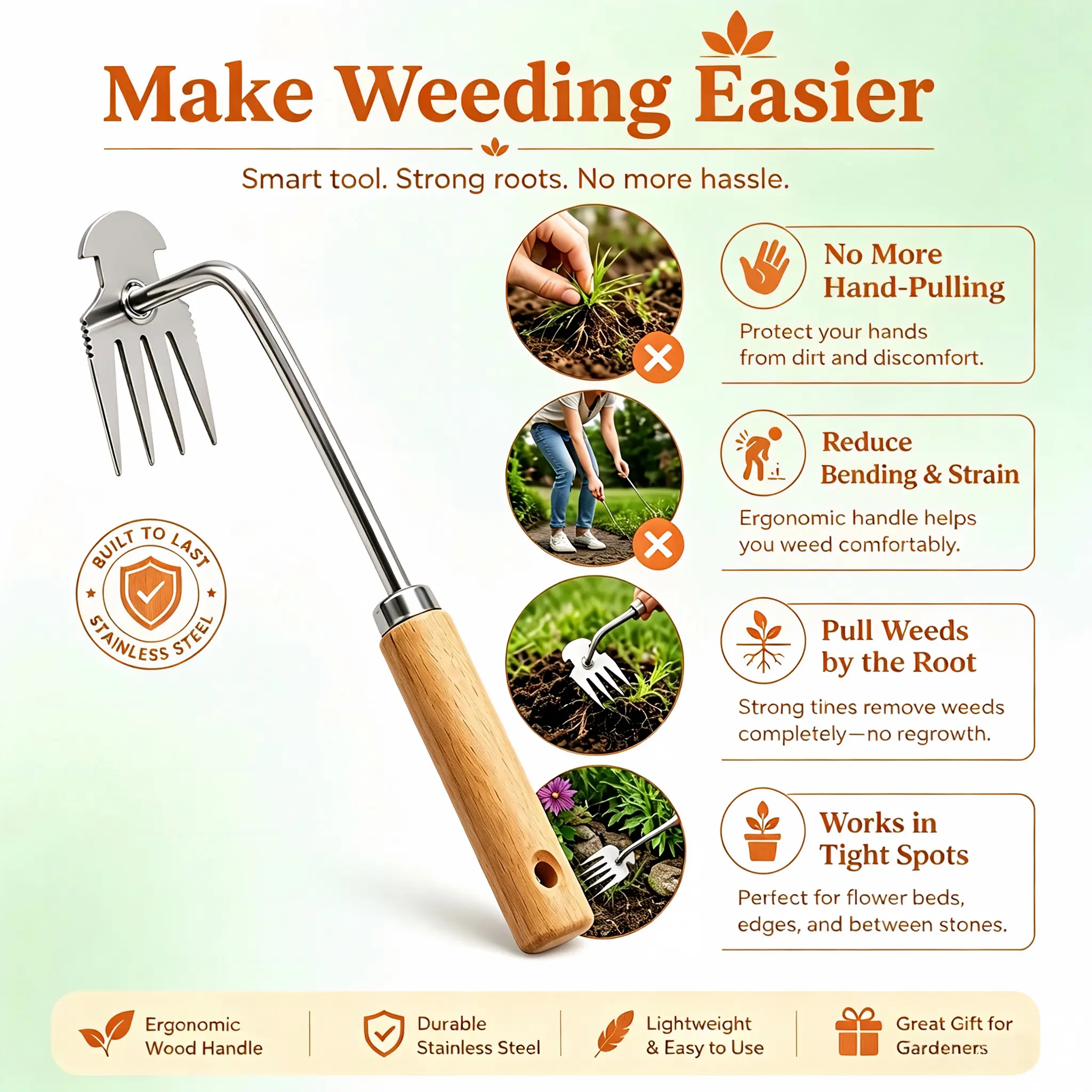 10" Handheld Weeding Rake, Stainless Steel Garden Weeder with Ergonomic Handle, Hook Teeth for Weeding & Cultivating, Ideal for Lawn, Farm & Flower Beds, Practical Gift for Garden Lovers