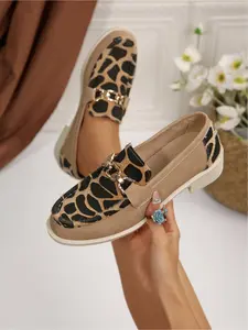 Leopard Print Loafers for Women - Slip-On Low Block Heel Casual Flats with Metal Buckle Footwear