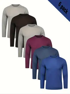 Men's 6-Pack Solid Long Sleeve T-Shirts, Soft Stretch Quick-Dry, Sporty Casual Wear, Athletic Sports Clothing, Spring & Fall Outdoor Activities