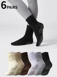 Women's Yoga Socks Mid-Calf, Grip Socks Anti-Slip Pilates Fitness Sports Athletic Socks, Indoor Jump Rope Dance Training Floor Socks, 6 Pairs Pack