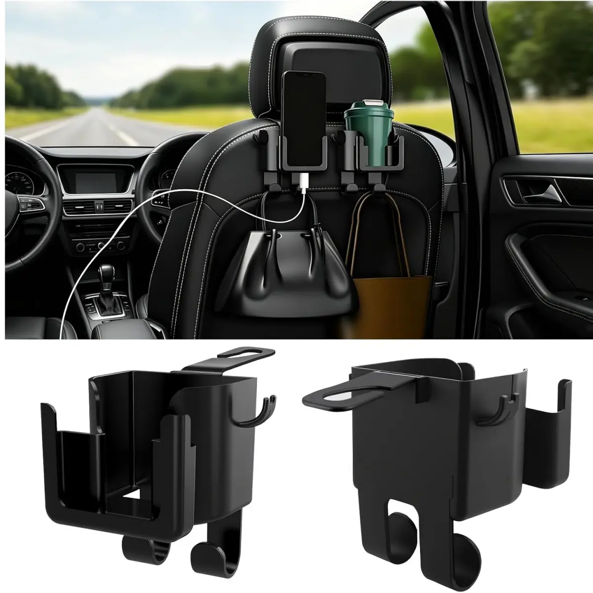 2PCS Multifunctional Car Cup Holder + Car Phone Holder + Car Purse Hook,Hanging Back Seat Car Organizer with Headrest Hooks,Universal Car Organizer Car Accessories Interior
