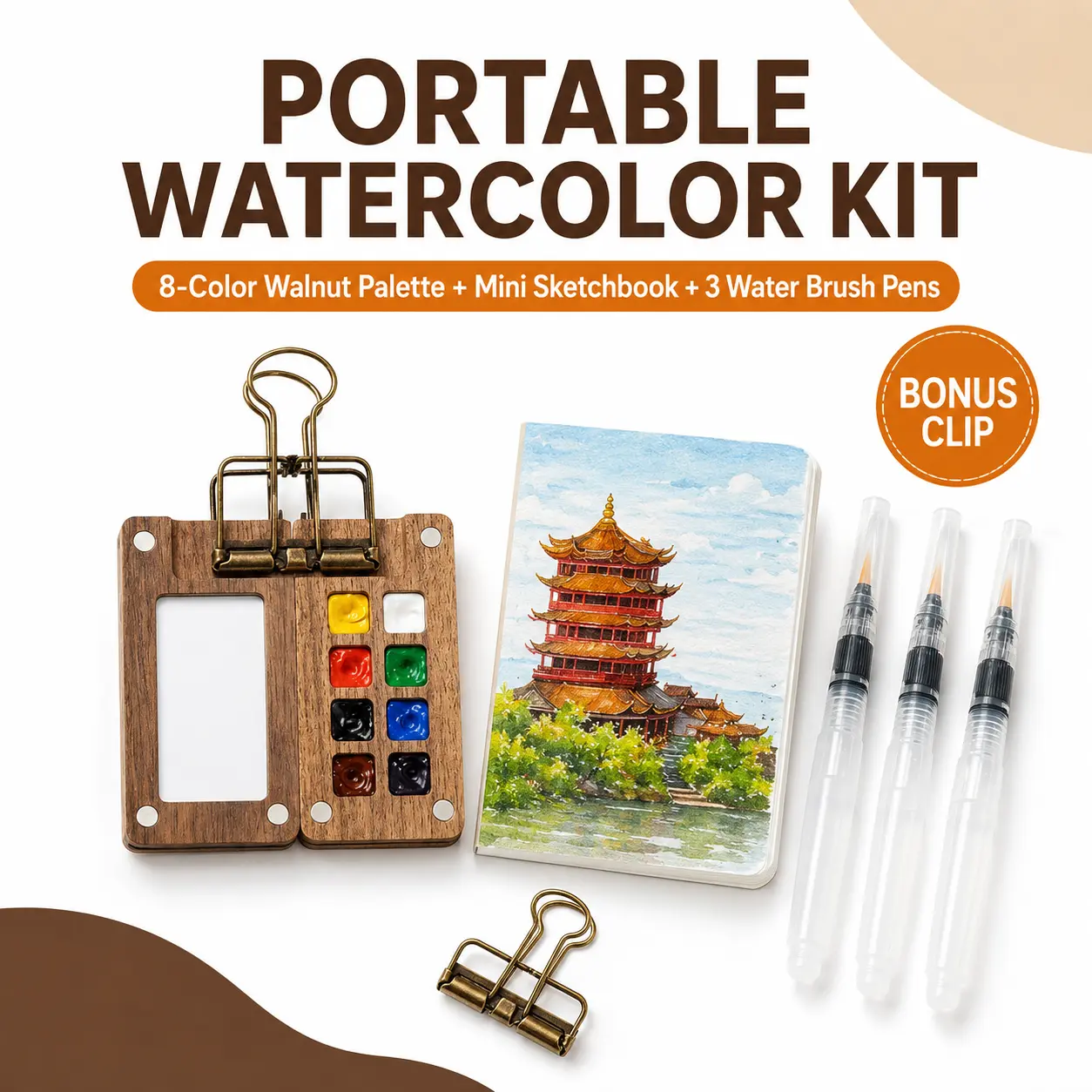 Portable Watercolor Palette Set, 8-Well Walnut Wood Palette with Clip, Mini Watercolor Sketchbook and 3 Water Brush Pens for Travel Painting and Urban Sketching