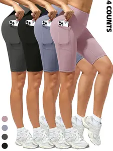 Women's Solid Color High Waist  Skinny Shorts, Casual Comfortable Breathable Pocket Athleisure Shorts for Yoga Gym Workout, Ladies Bottoms for Summer