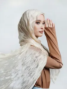 1pc Solid Color Breathable Ruffled Soft Hijab, Shiny Elastic Wrinkle Headscarf for Spring & Summer