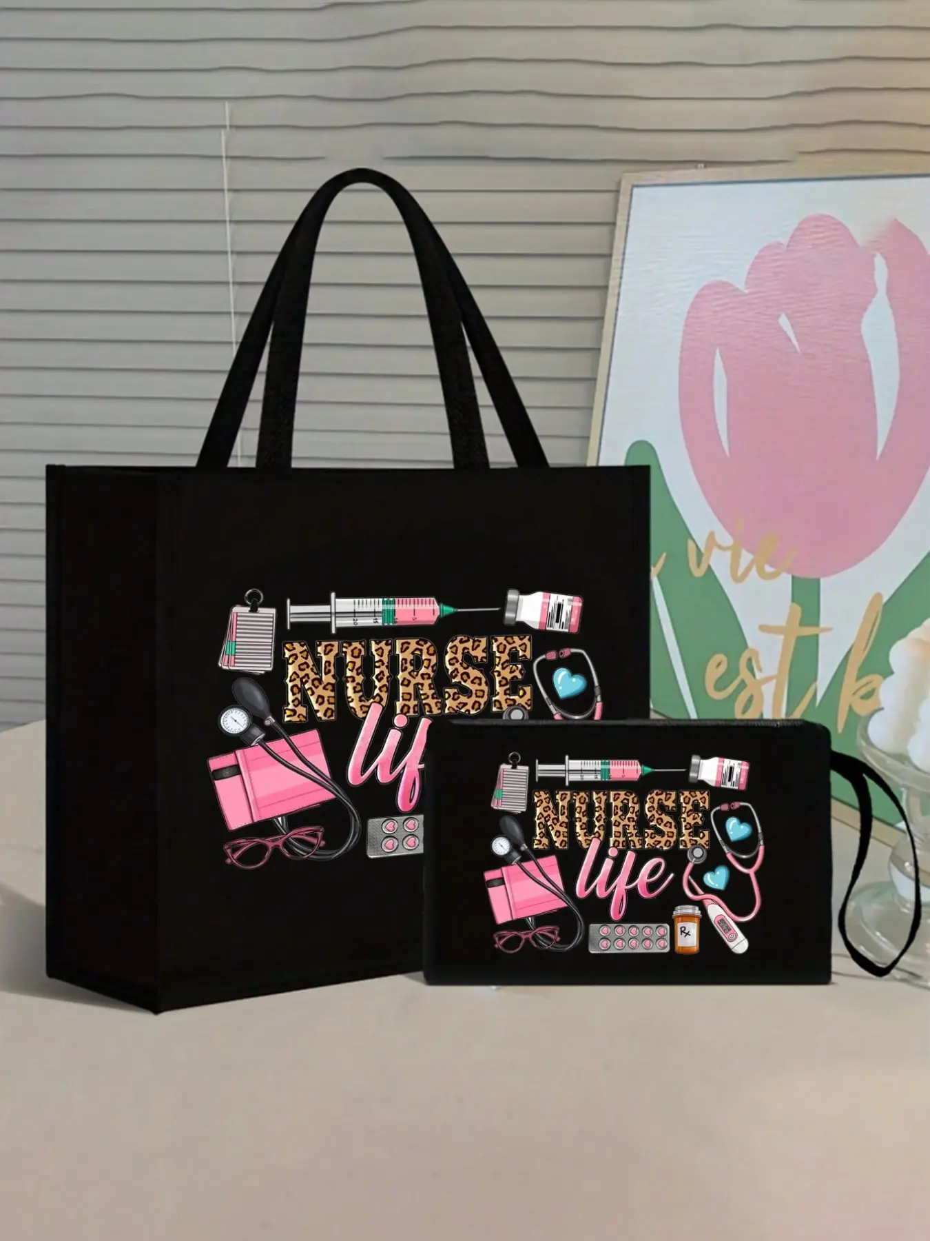 Nurse Print Handbag, Lightweight Shopping Bag, Portable Travel Beach Bag, Makeup Bag, Artistic Letter and Pattern Design, Versatile Bag, Travel Purse, Ideal for Women