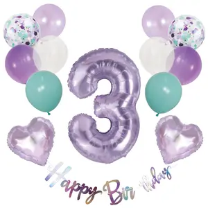Lavender Gem 3rd Birthday Balloon & Banner Decor Kit with 32in Number and Heart Foil Set