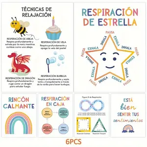 2D Flat 6pcs Mindful Breathing, Calmness and Emotion Regulation Print Set - Harmonious Corner and Classroom Decor - Teacher Resources and Homeschool Supplies, 20.32 x 25.4 cm Frameless Paper Material