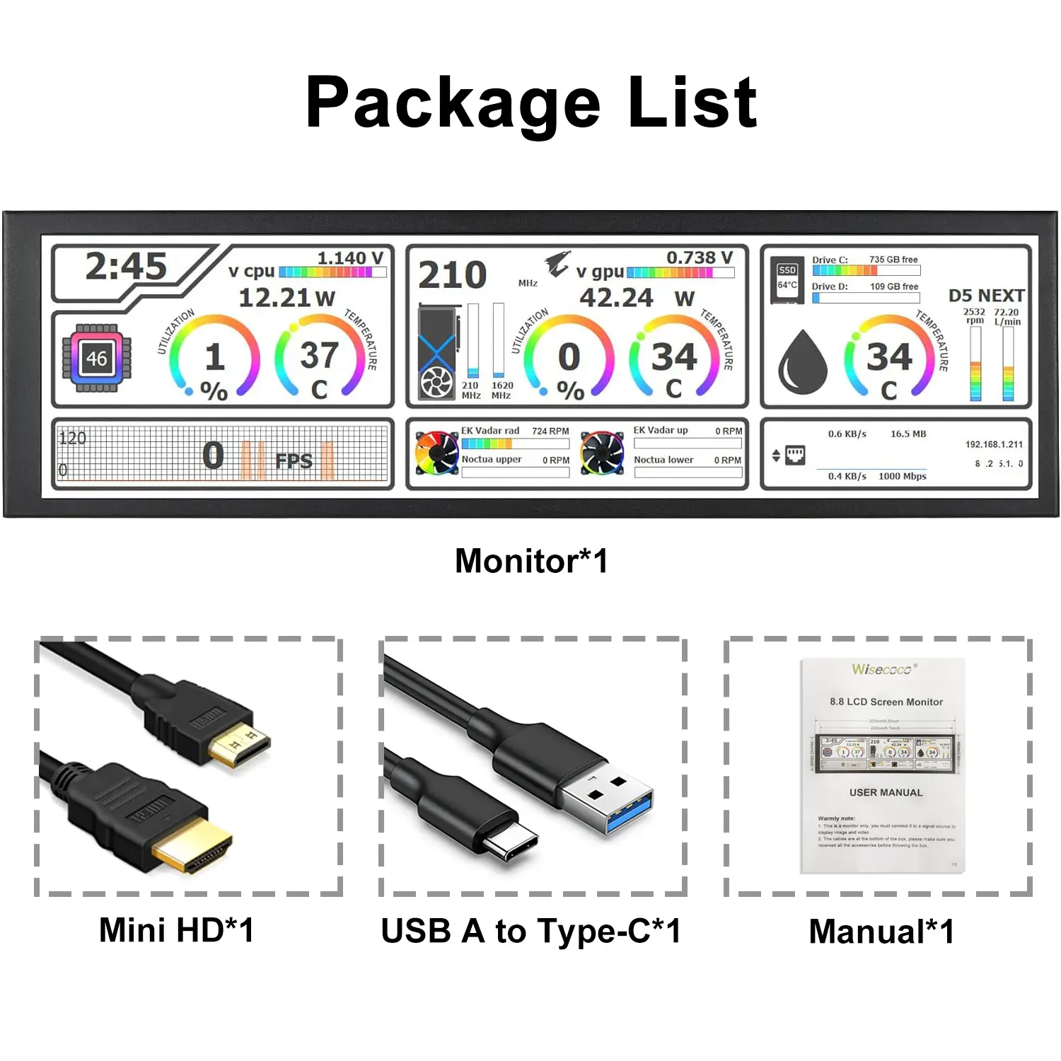 Wisecoco 7.84 Inch Mini Monitor HD IPS 1280x400 Bar LCD Secondary