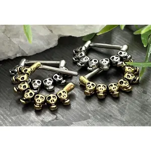 PAIR of Unique Lined Skull Design Nipple Barbell/Shield/Ring - Only Gold 14g Left In Stock!