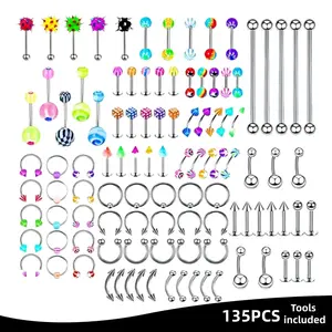 135PCS Piercing Jewelry Set – Trendy Must Have – 316L Surgical Steel, Hypoallergenic, Nickel Free – 14G 16G 18G – Fashion Earrings for Nose, Tongue, Belly Button, Eyebrow, Lip, Cartilage