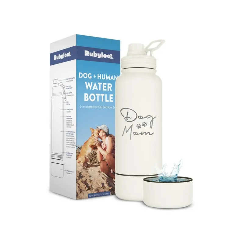 Water Bottle for Dog Lovers - 32 oz. Insulated Water Bottle with Attached 8 oz Dog Bowl - Great Dog Mom or Dog Dad Gift!