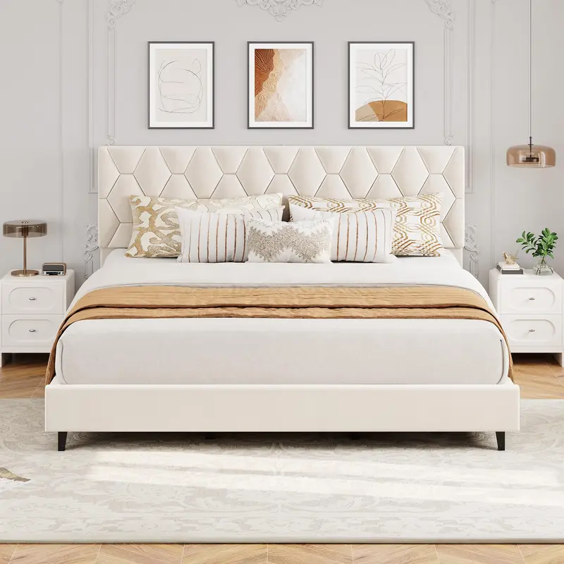 Durable Upholstered Bed Frame with Adjustable Height Diamond Pattern Padded Headboard - Strong Wooden Slats - Noise-Free Silent Design - Sturdy Modern Build - No Box Spring Needed - Easy Assembly Required - Twin, Full, Queen, King, California King Sizes