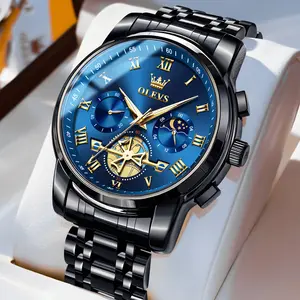 OLEVS Men's Casual Stainless Steel Watch 42mm Dial Waterproof Calendar Moonphase Chronograph Date Analog Quartz Men's Gift