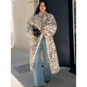 New Plus Size Women's Faux Fur Coat, Long Winter Fashion Warm Cat Print Overcoat, Stylish Large Lapel Design for Autumn & Winter