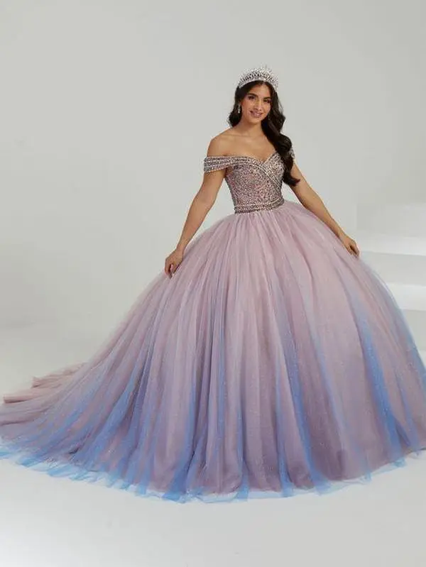 House of Wu 56475 Quinceañera Gown - Pink Glitter Tulle Skirt with Ombre Layers & Beaded Bodice for Elegant Celebrations Ball Dress