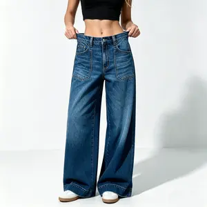 Wide Leg Jeans for Women Mid Waist Baggy StitchDecorDenim Washed Pants Without Belt Medium Blue trendy casual fashion jean Womenswear Wideleg Pockets