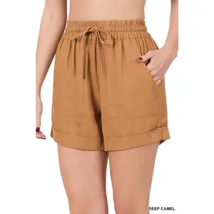 ZENANA Linen Drawstring-Waist Shorts with Pockets