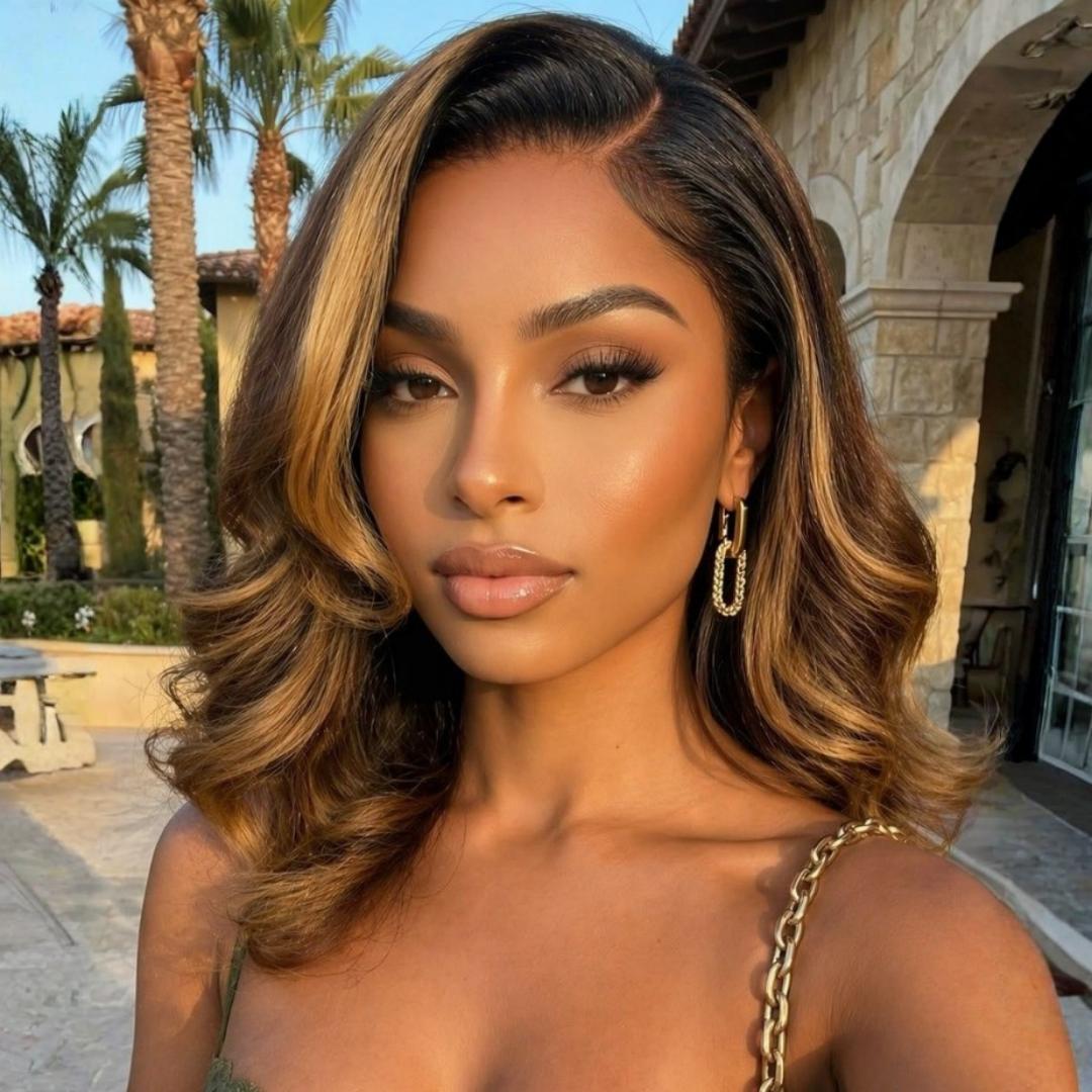 Salon Style at Home-Sunber 7x5 Pre-Everything Brown Highlights Dark Root Body Wave Lace Frontal Wig Beginner-friendly Layers & Shoulder Flip-Out Curls Glueless With Drawstring No-Fuss Ready to Wear Pre Cut Pre Bleached Pre Plucke TikTokShopBackToSchool
