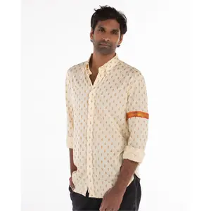 Bodhi Shirt - Ivory Blockprint Button-Down Shirt with Sari Trim Detail on Sleeves, Cotton Fabric