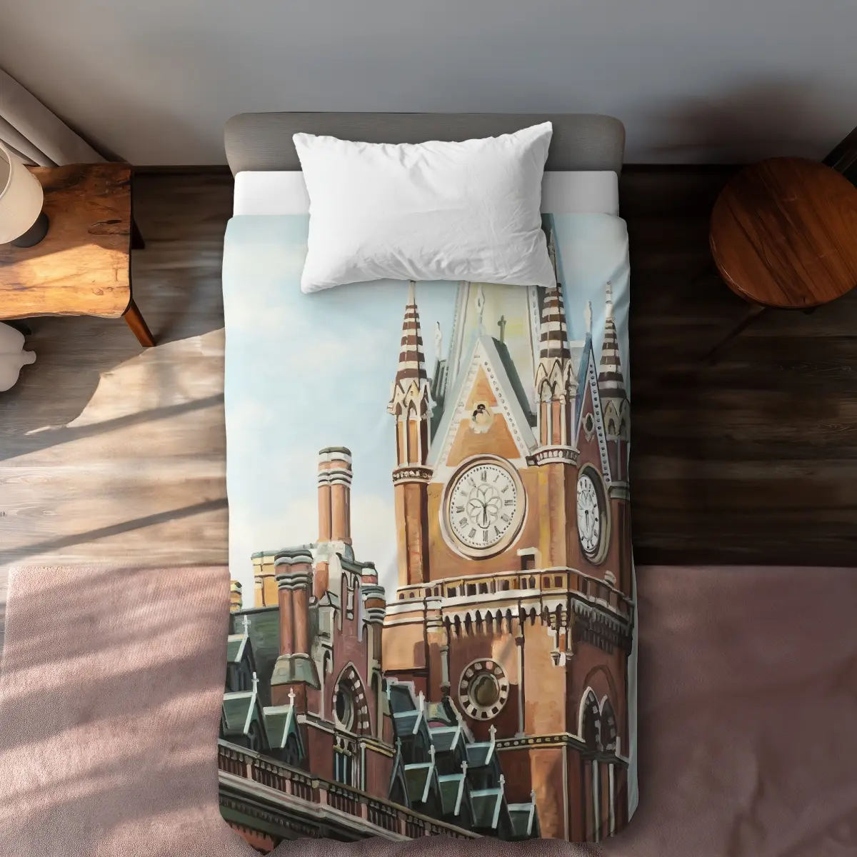 360 Stand Twin Size Extra Long Microfiber Duvet Cover Set - Office Theme Bedding Linens with Historical London Landmark, Hyperrealist Print Station Motif, Soft Fabric for Office & Home, Decorative Microfiber Bed Set, Machine Washable Duvet, Vibrant