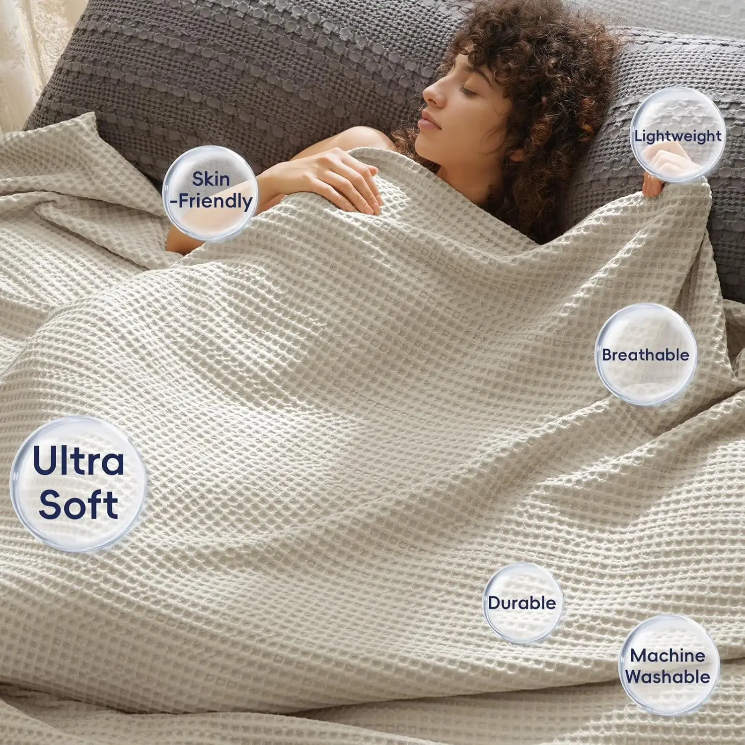 Soft Waffle Weave Blanket Queen Size, Washed Lightweight Summer Breathable Blankets for Hot Sleeper, Linen, 90x90 inches