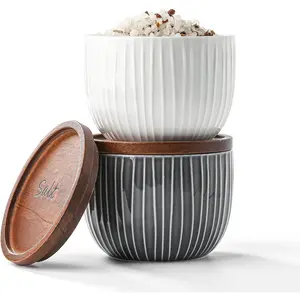 Ceramic Salt and Pepper Bowls: 10 oz Stackable  Cellar with Wooden Lid - Stacked Seasoning Storage Containers for Kitchen Countertop - Grey & White, Set of 2