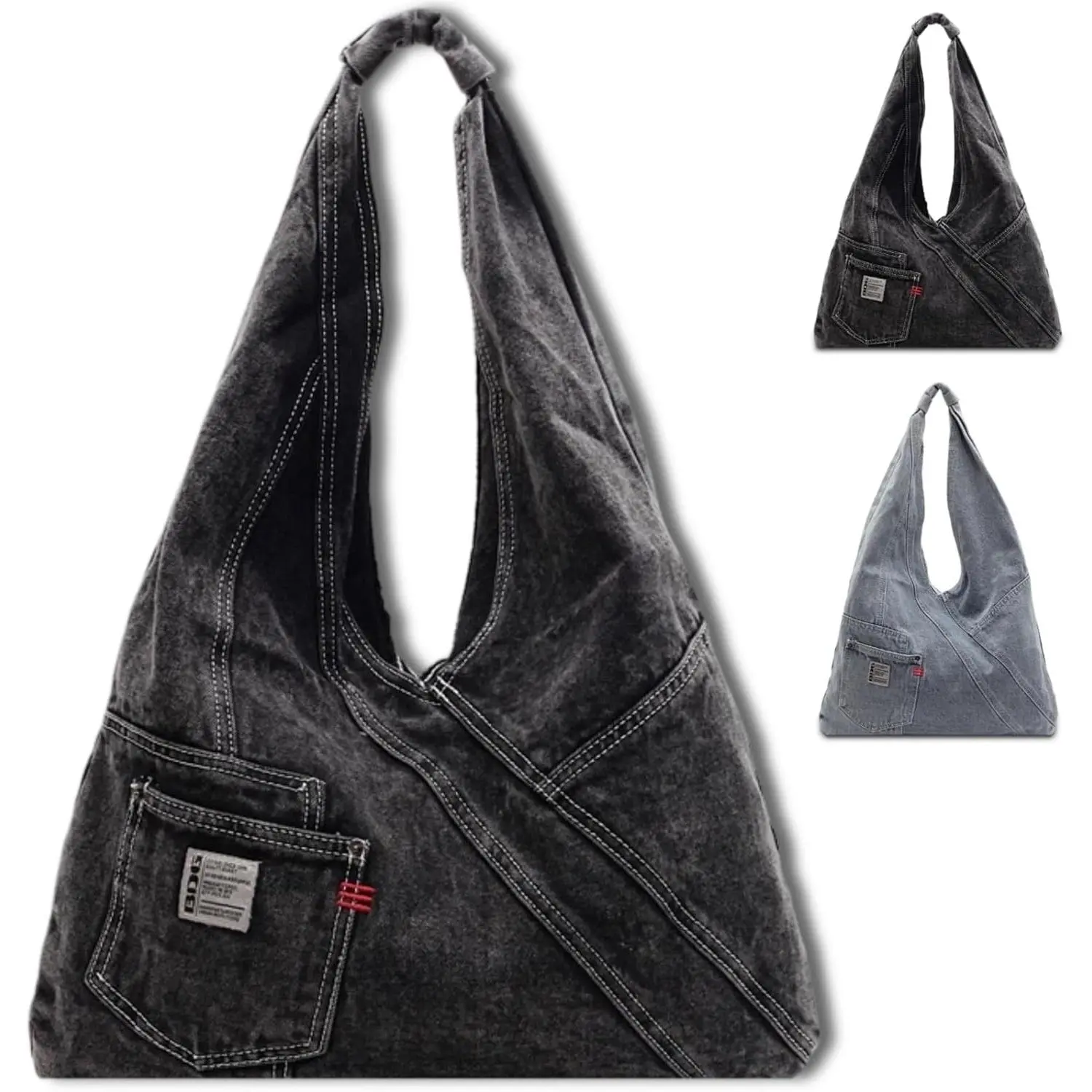 Women's Denim Hobo Bag - Solid Pleated, High-Capacity, Lightweight, Multi-Compartment Casual Shoulder Handbag with Adjustable Strap, Kiss Lock for Travel, Commute, Plain, Retro, Top Handle, Adults