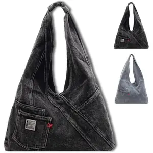 Denim Hobo Bag Casual Shoulder Bag Solid Pleated Handbag Men Women Large Shoulder Travel Gym Casual Commute Weekend Vacation