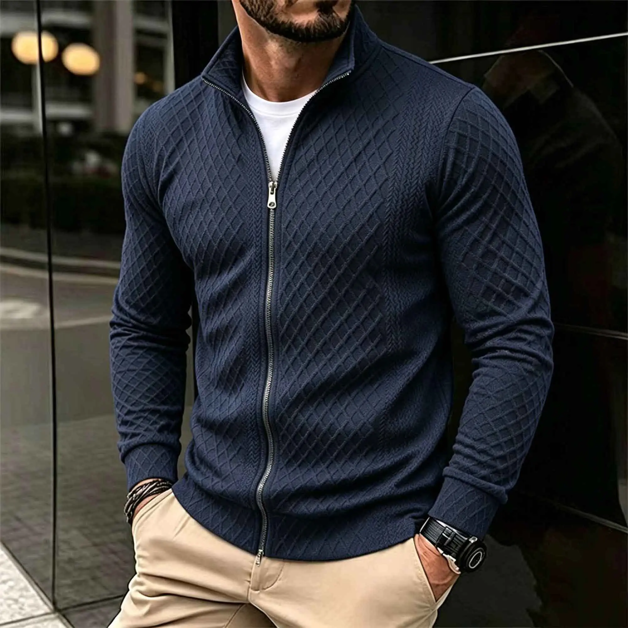 Men’s navy textured zip jacket with a stand collar and lightweight quilted construction; suitable for casual wear in spring and autumn; slim-fit urban outerwear.