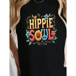 1pc HIPPIE SOUL Women's Vintage 60s 70s Hippie T-Shirt - Slim Fit Short Sleeve Crew Neck Retro Swing Lettering Top with Black Background & Floral hippie Graphics, Non-Stretch Fabric for Festival