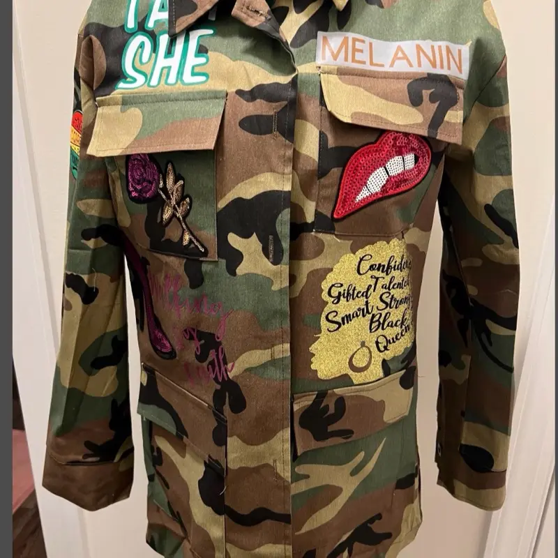 Womens Camo Jacket with Patches Casual Womens Camo Jacket with Patches Casual