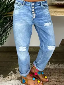 Women's Plus Size High Waist Jeans with Multiple Buttons, Stretch Denim Jeans, Ripped Street Style, Comfortable and Trendy
