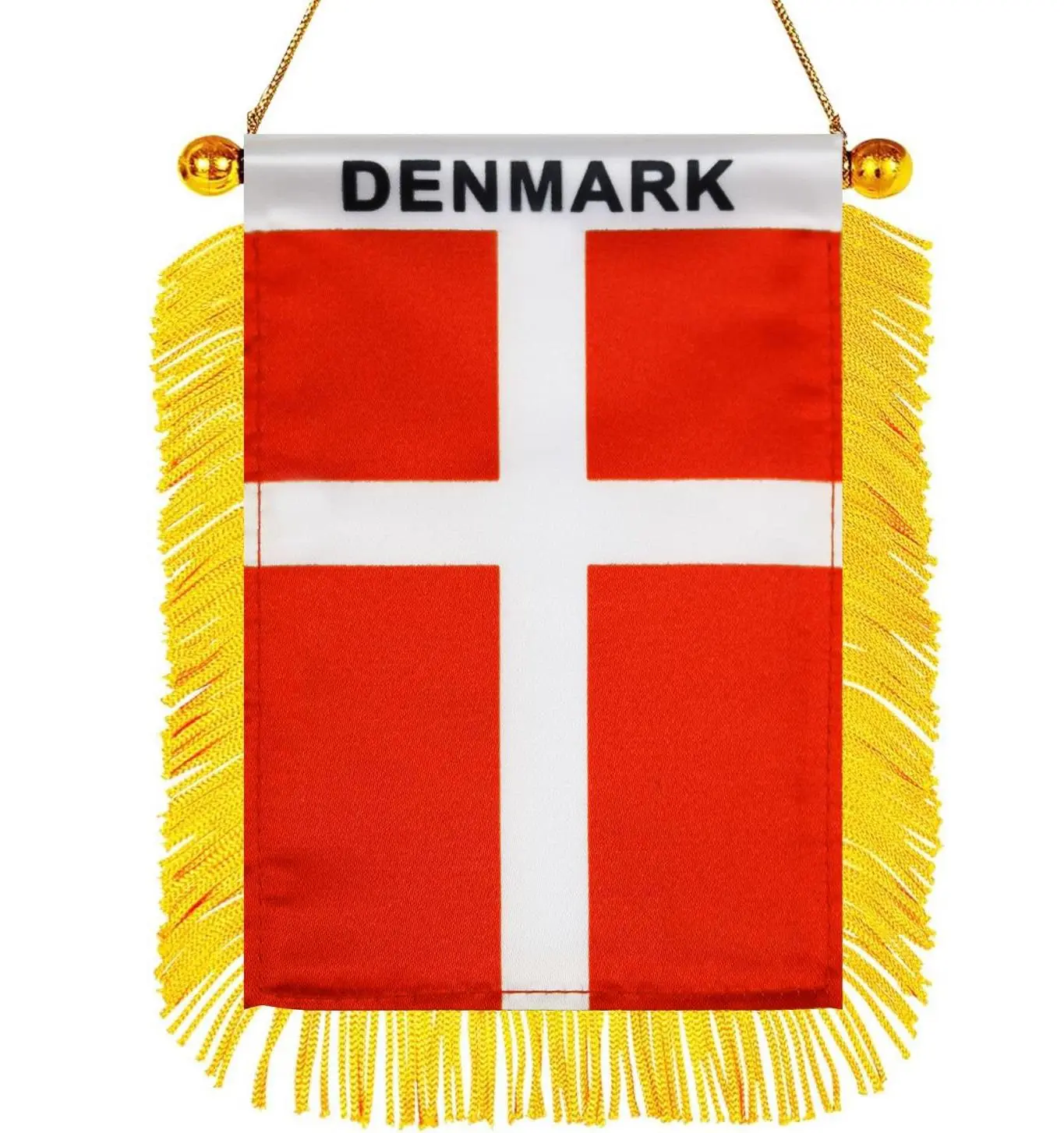 2 Pack-Denmark Fringy Window Hanging Flag -4''x6'' Double sided Small Mini Danish Dane Flag Banner for Car Rearview Mirror Décor - Fringed -Danish Dane Hanging Flag with Suction Cup & Fringy-4x6 ''