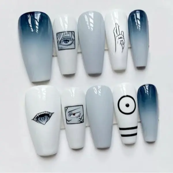 Gojo Satoru Press On Nails, Jujutsu Kaisen Anime Blue Eye Nails, Icy Blue White Almond Nails, Hand-Painted Japanese 3D Nail Art |FREE Adhesive Tabs  Nail File Cuticle Stick