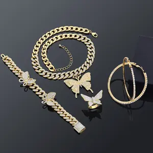 Women's 3-Piece Butterfly Jewelry Set in Zinc Alloy, Golden Layered Necklace with Pendants, Charm Bracelet, and Large Hoop Earrings, Butterfly Beads Charms & Pendants