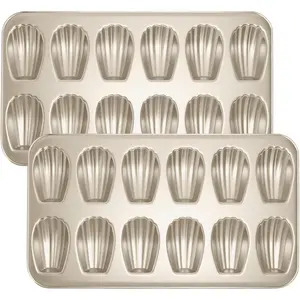Set of 2 Nonstick 12-Cavity Madeleines Mold Cookie Tray for Baking, Heavy Duty Warp Resistant Cute Shell Shape Cake Pan Gold