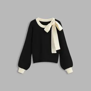 Cider [size 2-10] Knit Round Neckline Contrasting Binding Bowknot Long Sleeve Top