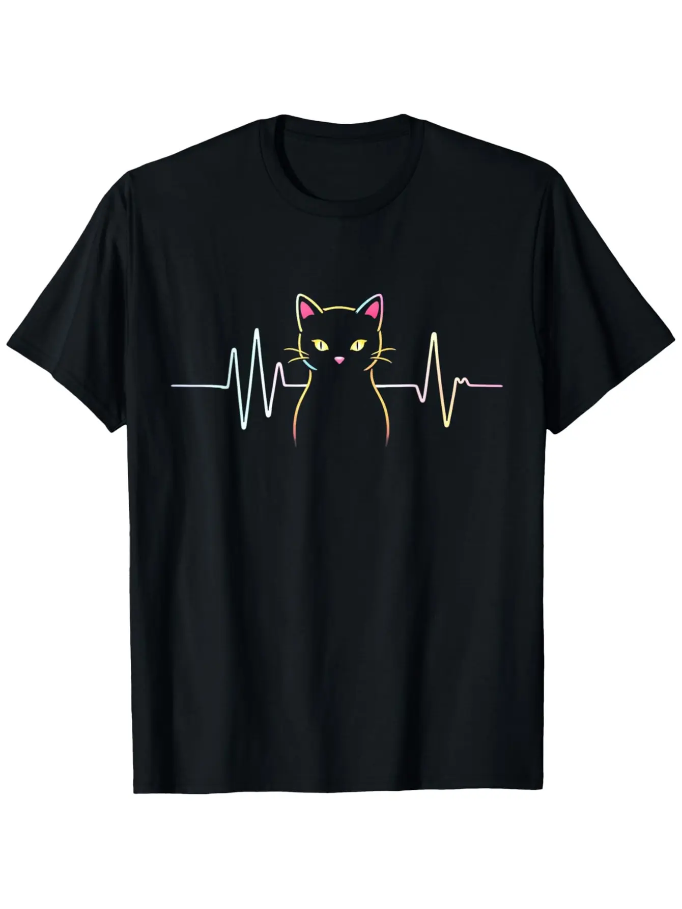 Heart beat pattern T-shirt for cat lovers-Cute black round neck T-shirt with yellow lines-Soft everyday shirt for women and men-All season casual top for pet..., moisture-wicking, artistic print, unisex fit, daily wear