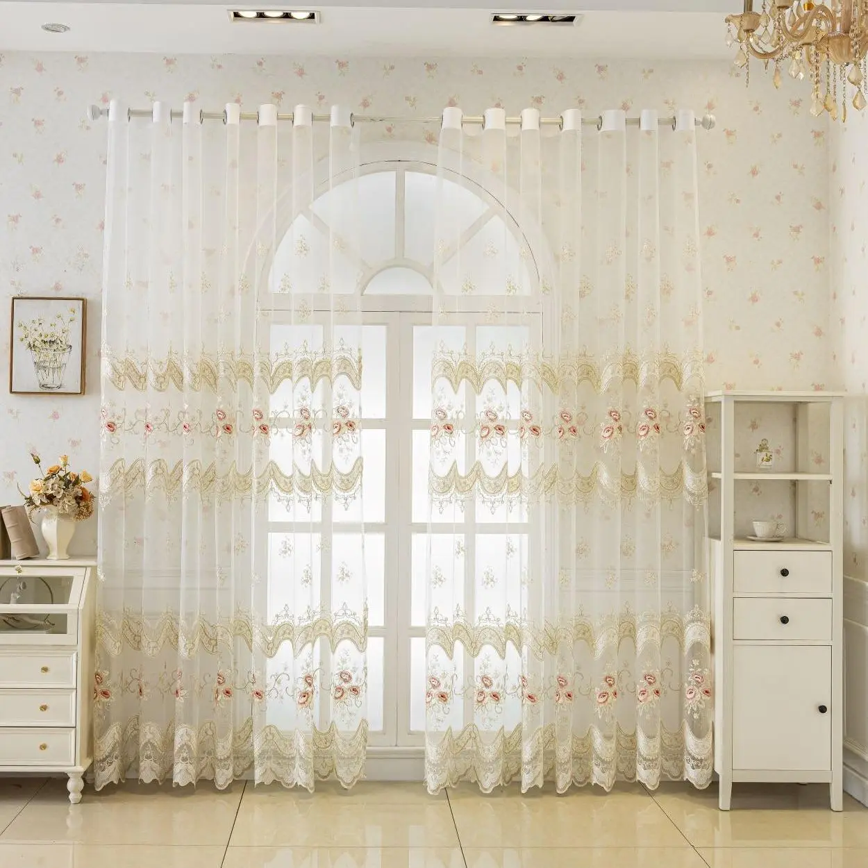 Floral Embroidery Chiffon Curtain, Lightweight Sheer Curtain, Window Drapes for Home Living Room Bedroom Decor, Net Curtains Window