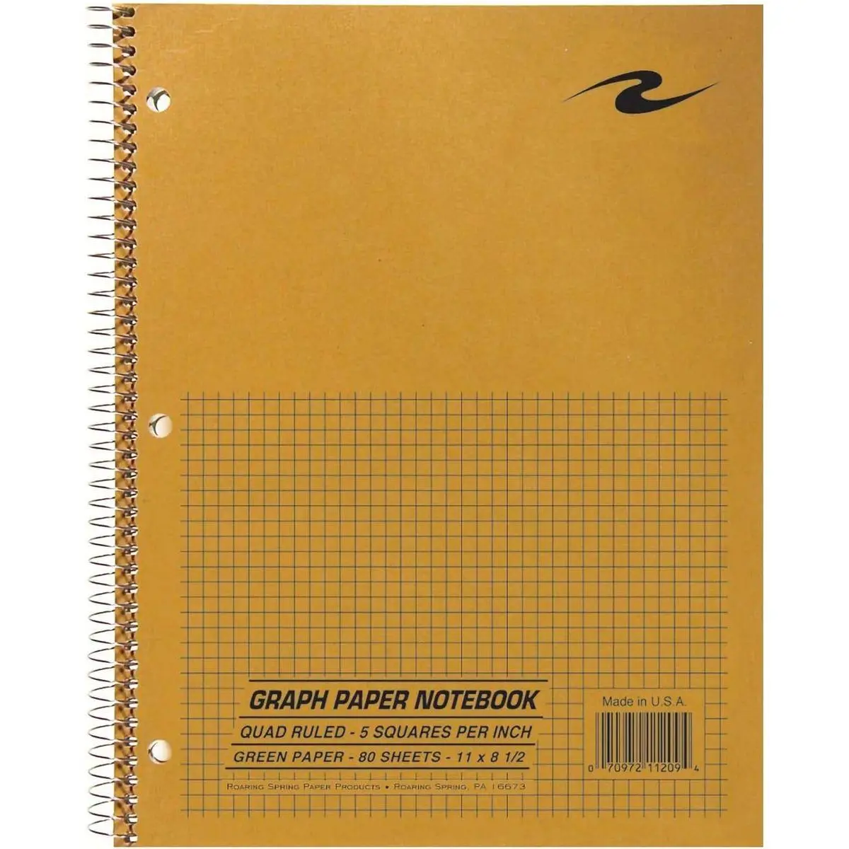 Graph Paper Notebook, Spiral Lab Notebook, Green Tinted Paper, 80 Sheets, 11" x 8.5", Quad Ruled 5x5 Grid, Made in USA, Ideal for Math, Engineering & Science
