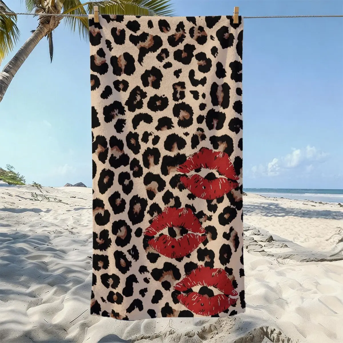 Leopard Print Lip Beach Towel, Ultra-Fine Fiber, Lightweight Quick-Dry Sand-Resistant, Versatile Use, Ideal for Pool, Beach, Travel, Camping