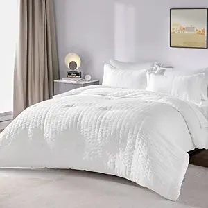 CozyLux Queen Bed in a Bag White Seersucker Comforter Set with Sheets 7-Pieces All Season Bedding Comforter, Pillow Sham, Flat Sheet, Fitted Sheet and Pillowcase Deep Pocket Fitted Sheet