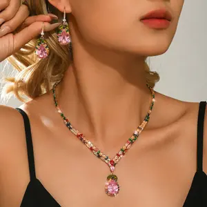 Colorful Pink Pear-Cut Zircon Jewelry Set, Women's Necklace Earrings for Party