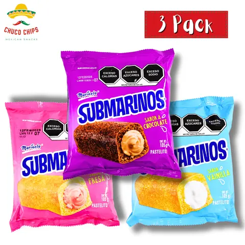 Marinela Submarinos | Strawberry, Vanilla, Chocolate | 3 Pack of Each or Bundle of One of Each Flavor | Authentic Mexican Pastry | Sweet Sugar Cake Pastry | Authentic Mexican Chips & Snack by Chuco Chips