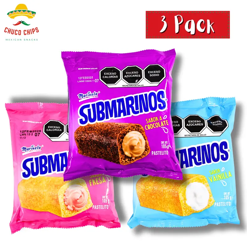 Marinela Submarinos | Strawberry, Vanilla, Chocolate | 3 Pack of Each or Bundle of One of Each Flavor | Authentic Mexican Pastry | Sweet Sugar Cake Pastry | Authentic Mexican Chips & Snack by Chuco Chips