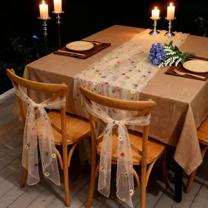 Floral Embroidered Table Runner, Multicolor Mini Flowers, Semi-Transparent Net Fabric, Country Fresh Style, Bedroom Living Room Party Wedding Decor