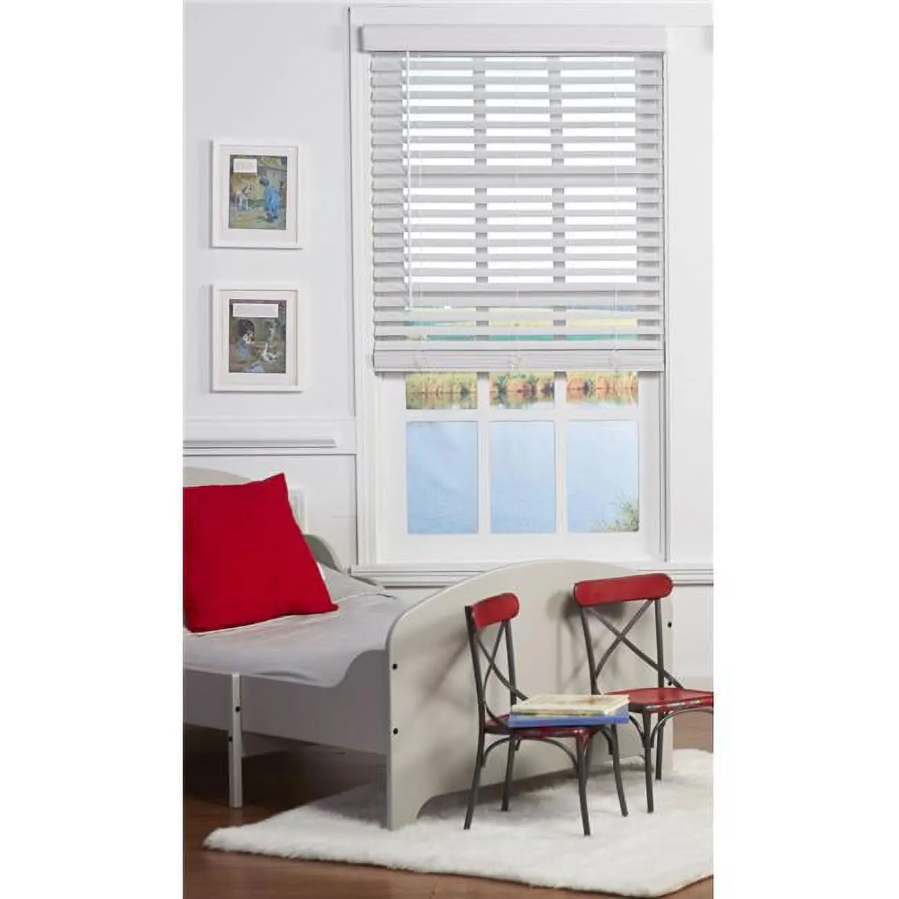 Modern 2 in. Cordless Slatted Faux Wood Blind, White Window Covering - 39 x 72 in., Slatted Blinds