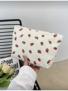 Beige Strawberry Pattern Women's Cosmetic Bag Corduroy Makeup Pouch Aesthetic Ladies Handheld Bag Course Storage Bag Girls Toiletry Bag Travel Organizer Cutting Cosmetic Case Back to School Bag Travel