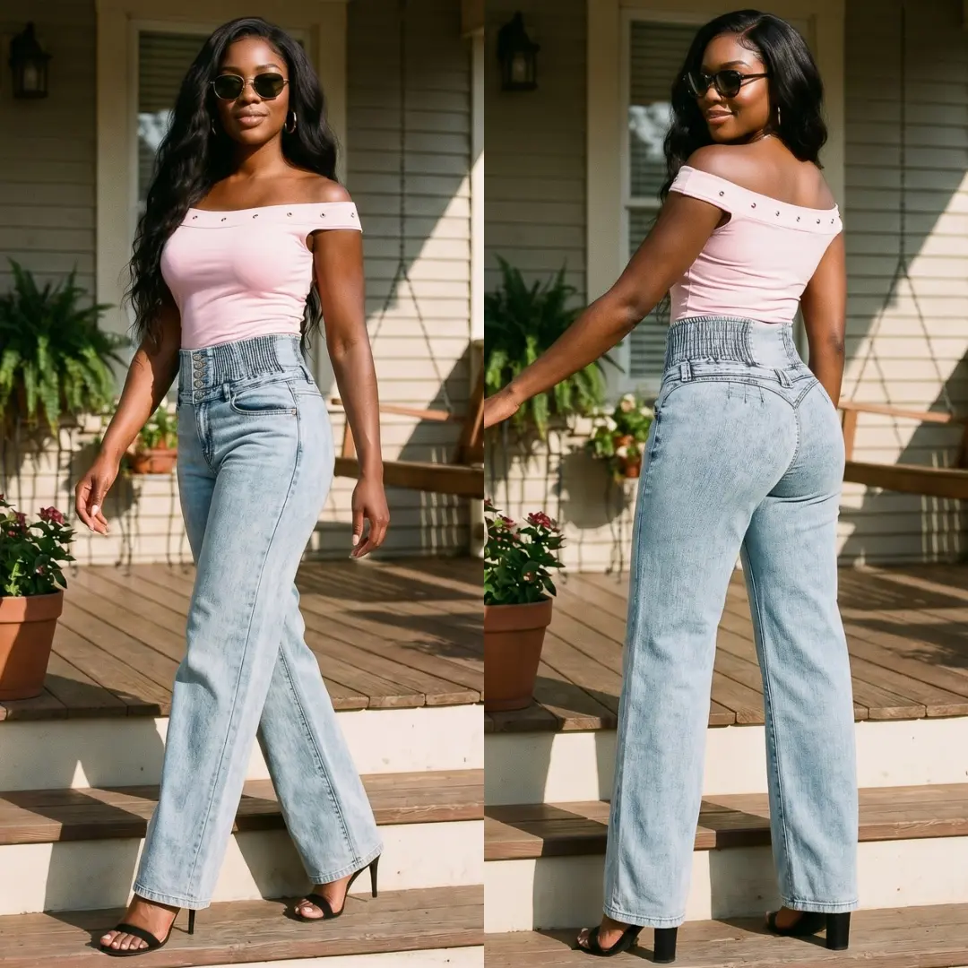 Moda Xpress MX JEANS Ultra High Waist Acid Wash Wide Leg Push Up Levantacola Jeans – Spandex Waistband, Straight Fit, Stretchy Material