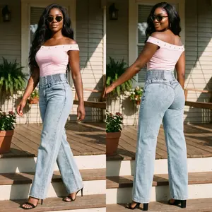 Moda Xpress MX JEANS Ultra High Waist Acid Wash Wide Leg Push Up Levantacola Jeans – Spandex Waistband, Straight Fit, Stretchy Material
